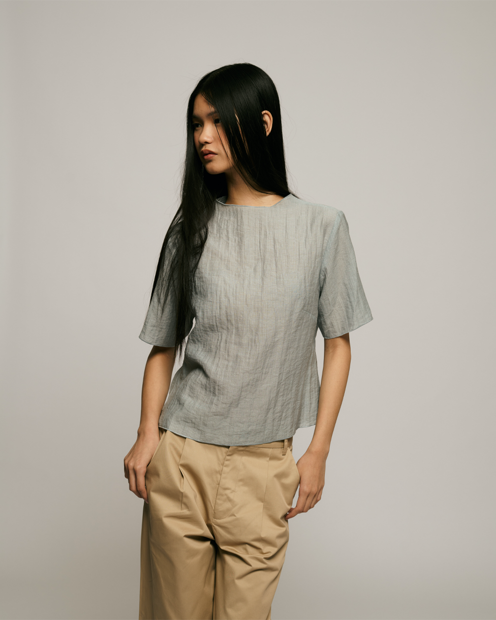 Mock Neck Sleeved Top in Dusty Blue