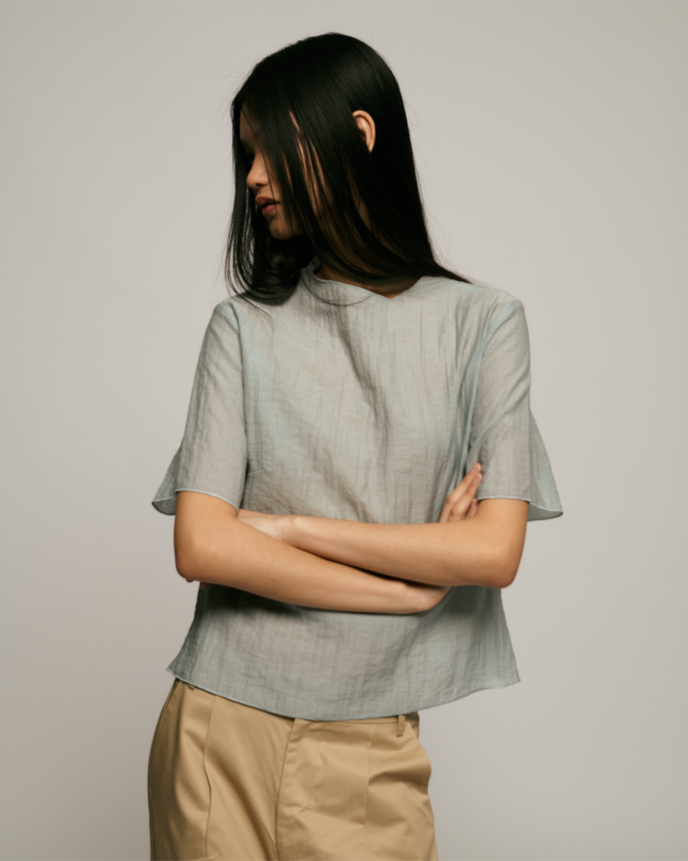 Mock Neck Sleeved Top in Dusty Blue