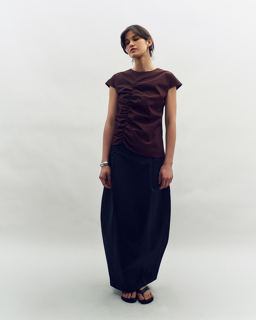 Poplin Ruched Top in Brown